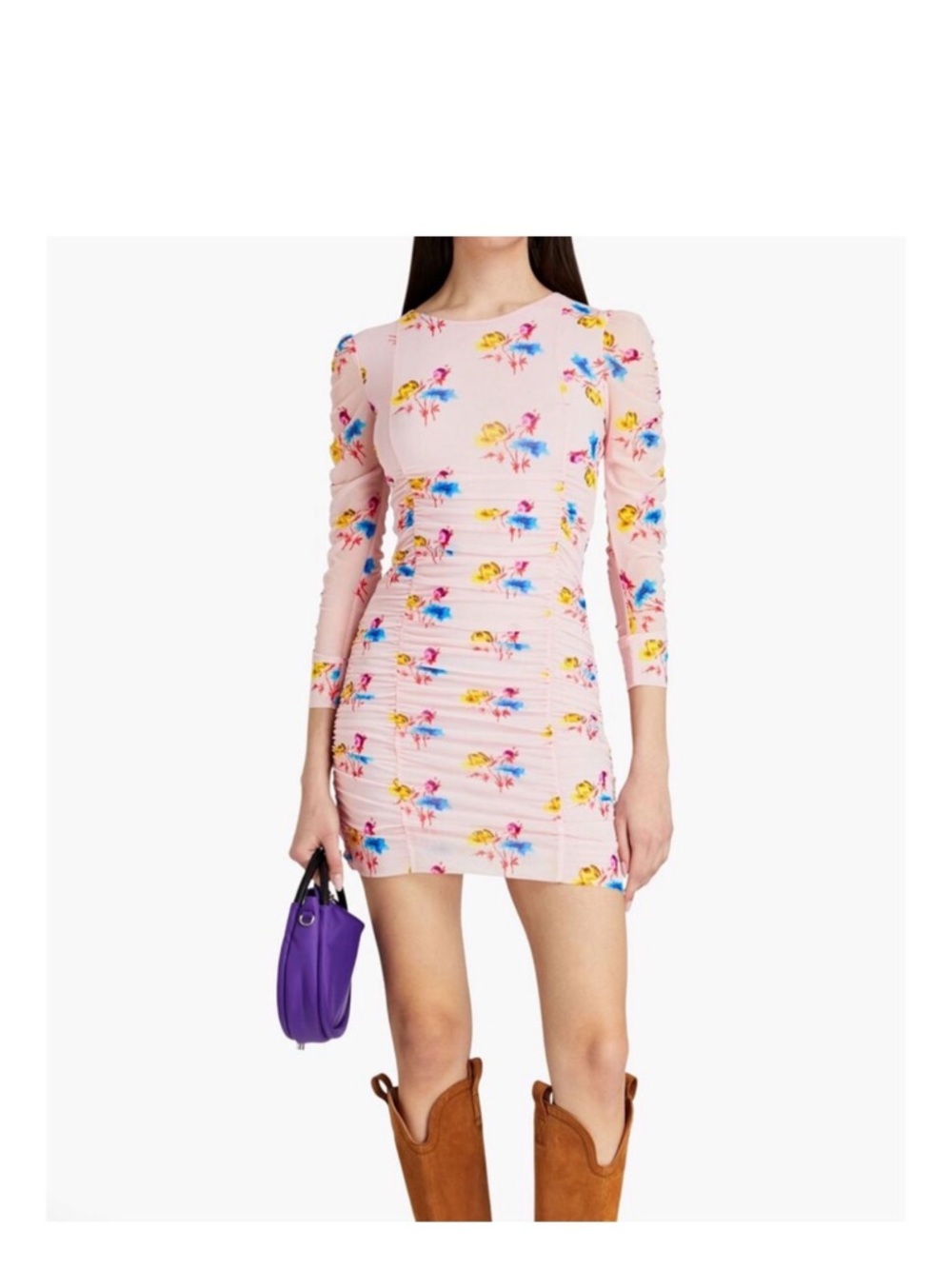 Ganni Pink Floral Ruched Long-Sleeve Mini Dress